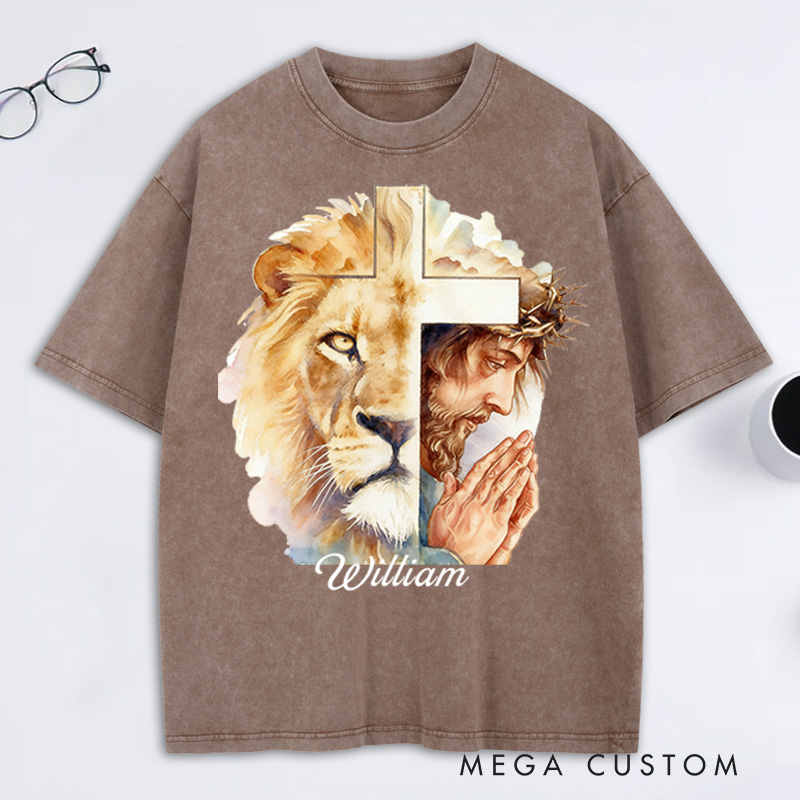 Personalized Man of God Lion of Judah Washed T-Shirt with Custom Name Jesus Tee Religious Gift Christian Gift for Men