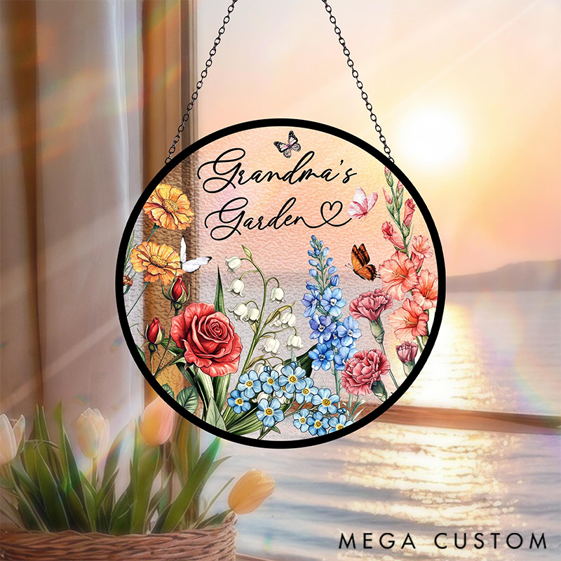 Personalized Family Birth Flowers Glass Suncatcher Home Decor with Name for Gardening Lovers Mother's Day Gift