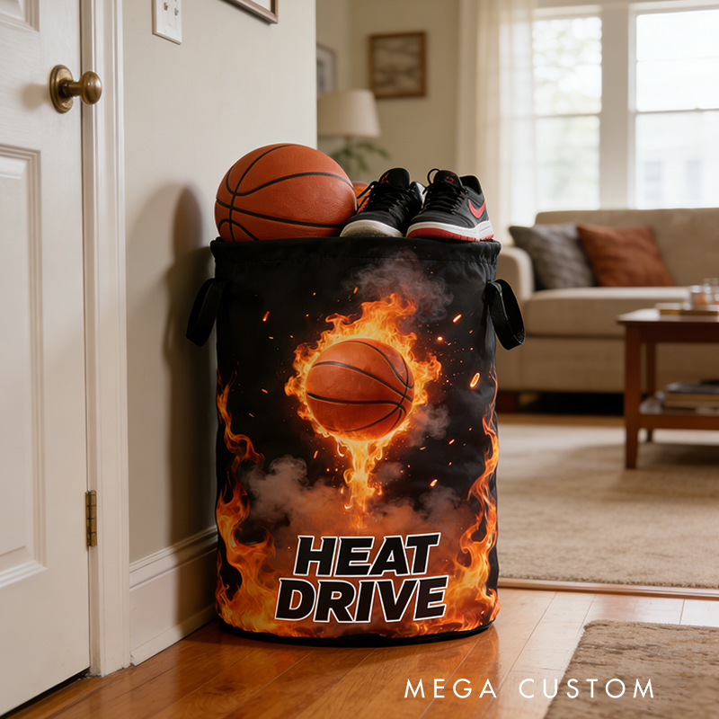 Personalized Flaming Basketball Storage Basket with Custom Text for Basketball Fans