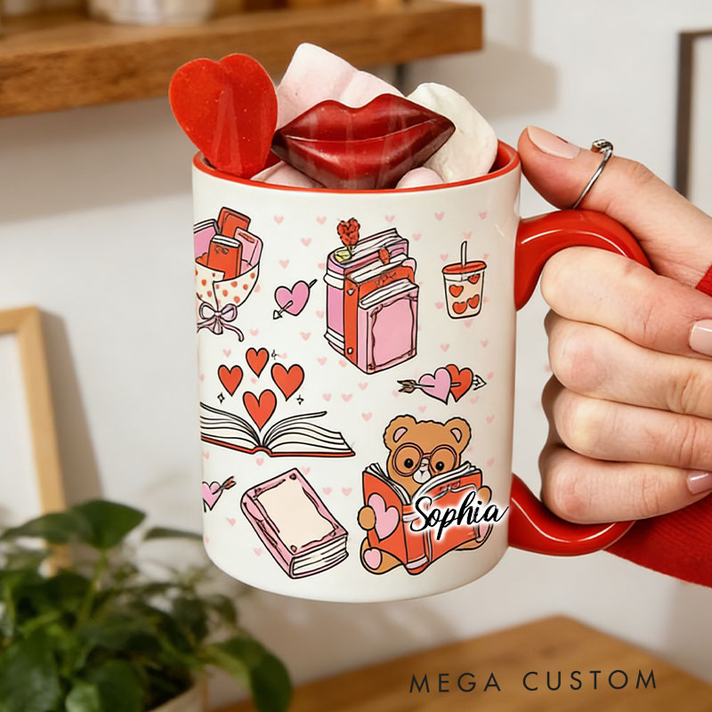 Personalized Bookish Valentines Day Mug Cute Bear Reading Mug Romantasy Book Club Gifts for Reading Lovers