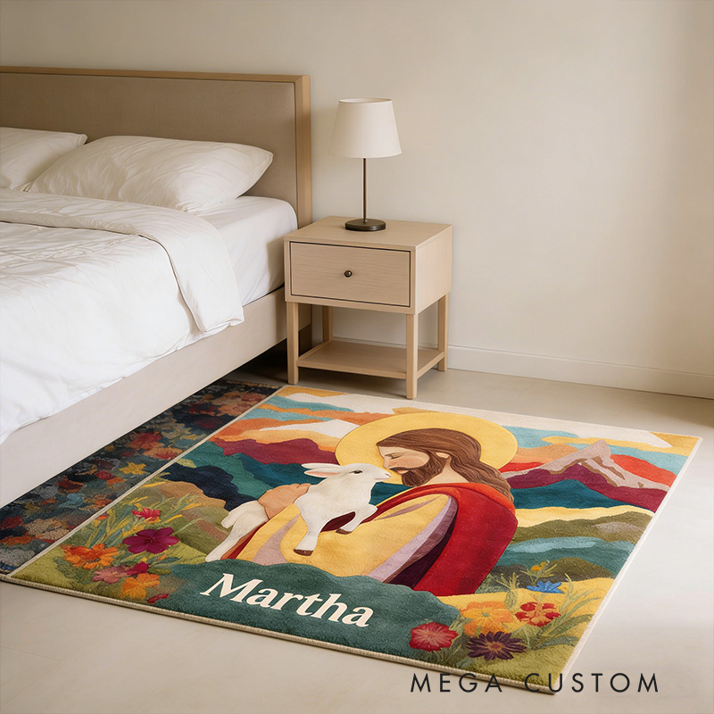 Personalize Jesus and Lamb Rug with Custom Name Religious Rug for Women Faith Based Gift Christian Gift for Her