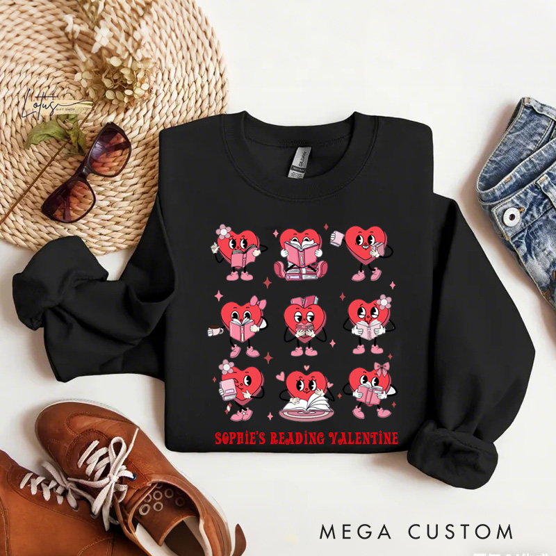 Personalized Bookish Heart Sweatshirt Red Reading Heart for Librarian Sweatshirt with Name Valentines Day Gift for Book Lover Girlfriend Wife Women