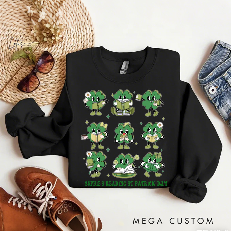 Personalized Shamrock Book Sweatshirt Lucky Book Sweatshirt with Name t Patrick Day Sweatshirt Gift for Librarian Book Lover Irish Friends Gift