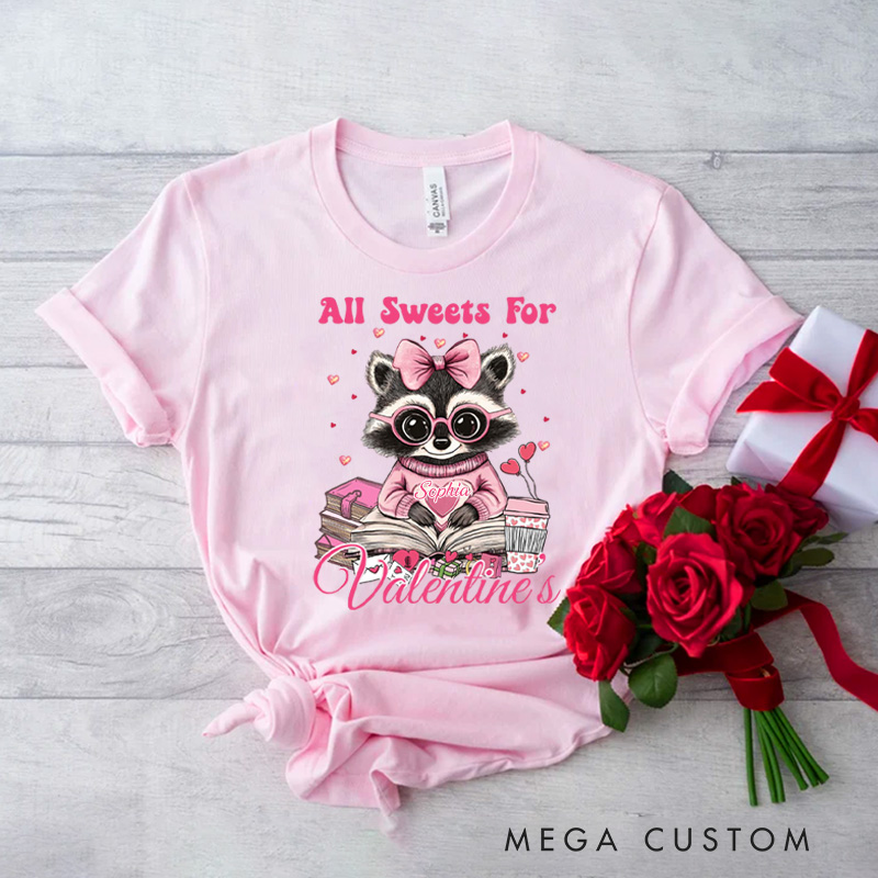 Personalized Raccoon All Sweets For Valentine Book Classic T-Shirts Xoxo Tee for Librarian Shirt with Name Valentines Day Gift for Book Lover Girlfriend Wife Women