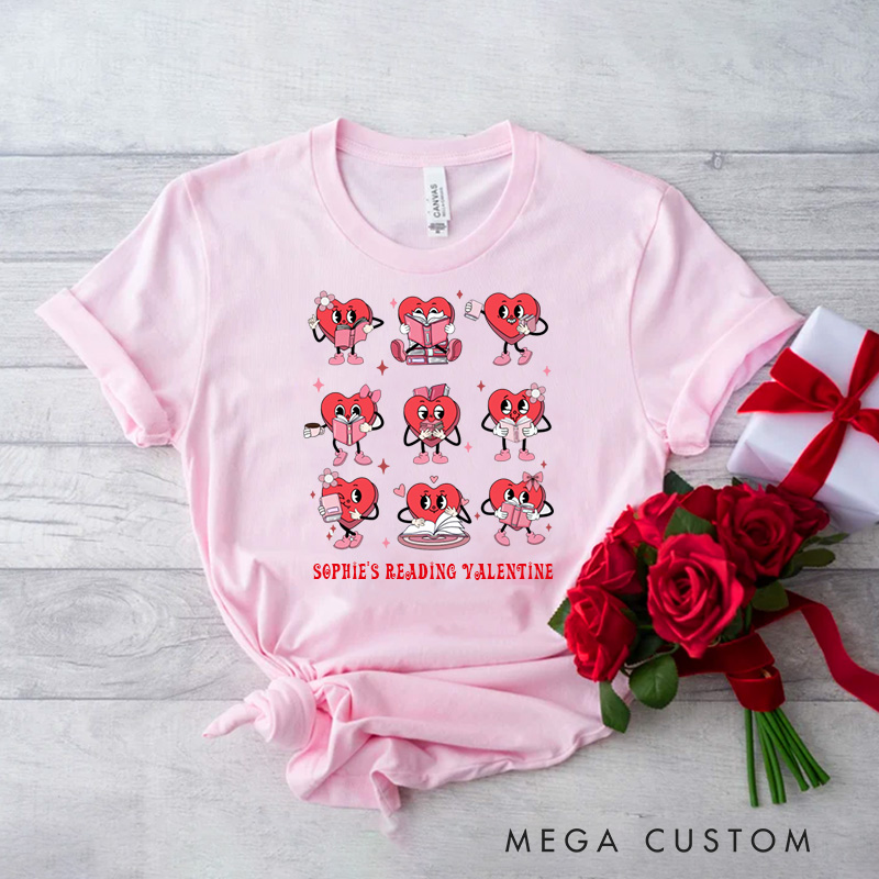 Personalized Bookish Heart Classic T-Shirts Red Reading Heart Tee Librarian Shirt with Name Valentines Day Gift for Book Lover Girlfriend Wife Women