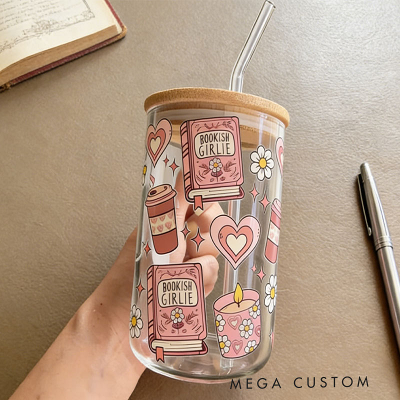 Personalized Bookish Girlie Iced Glass Coffee Cup Valentine's Cute glass Cup for Reading Lovers
