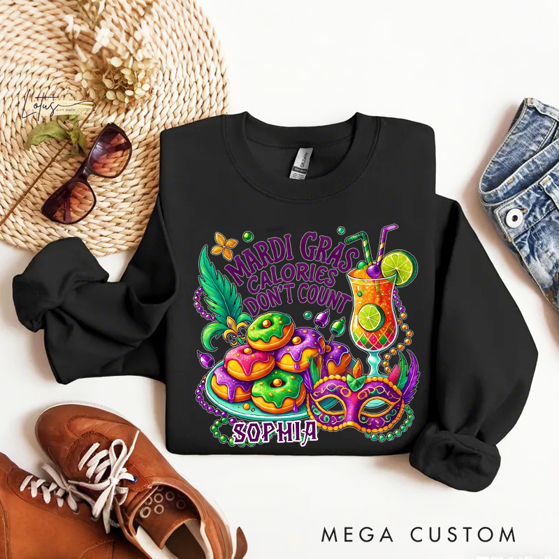 Personalized Mardi Gras Calories Don't Count Donut Coquette Sweatshirt with Name Mardi Mask Bead Shirt Gift for Women Her