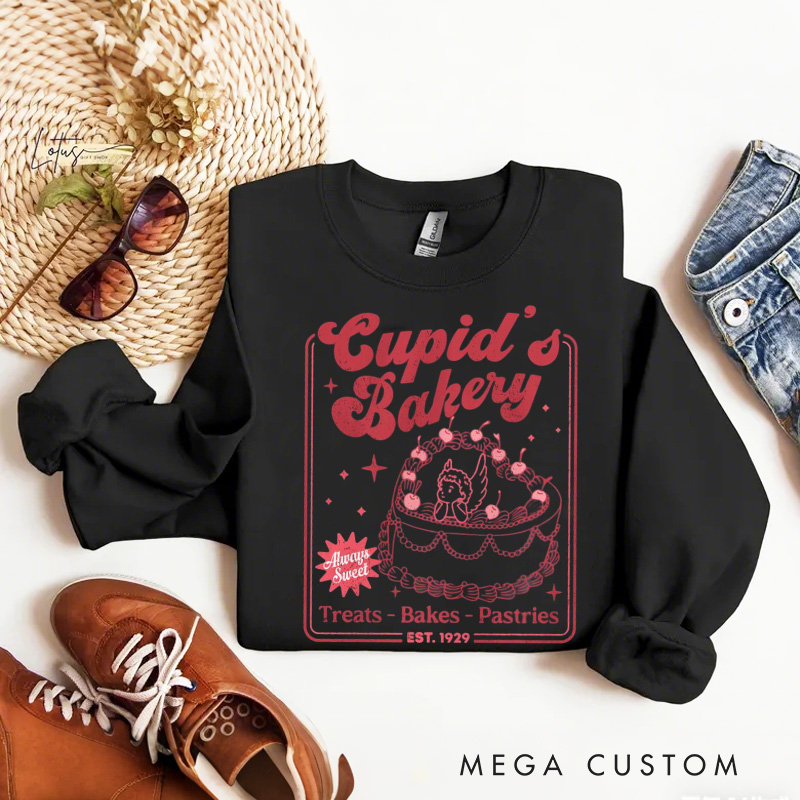 Personalized Cupid's Bakery Sweatshirt with Name Always Sweet Cake Sweatshirt Treats Bakes Pastries Shirt Valentine's Day Gift for Women Baking Lover Her