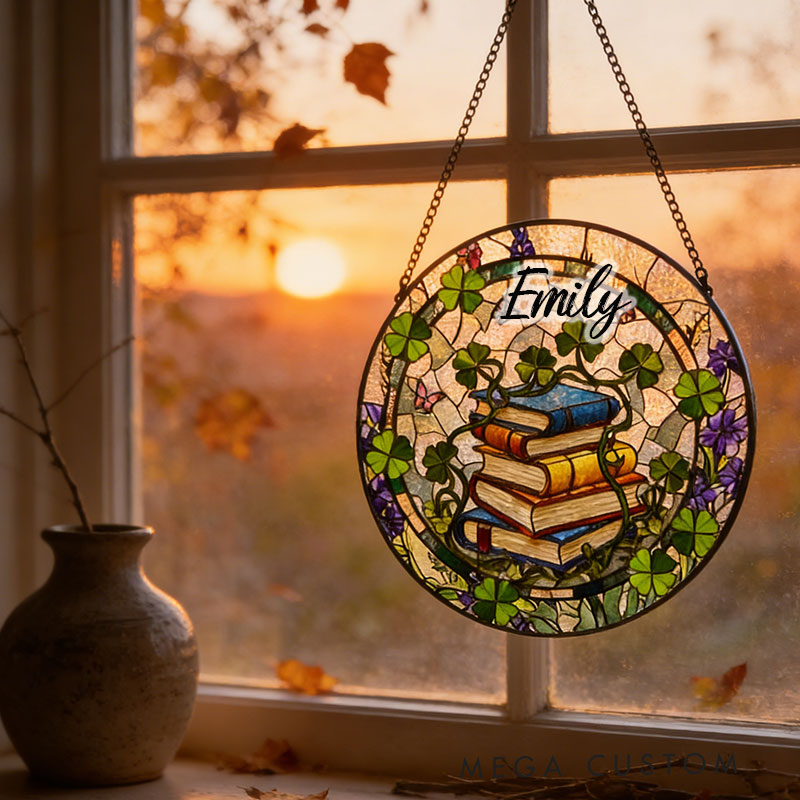 Personalized Shamrock and Books Stained Glass Suncatcher Literary Window Hanging for Reading Lovers 