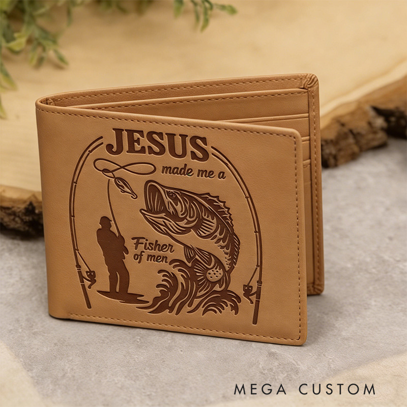 Personalized Jesus Made Me A Fisher of Men Leather Bifold Wallet with Custom Name Christian Fishing Multi Pocket Wallet Religious Gift for Men Dad