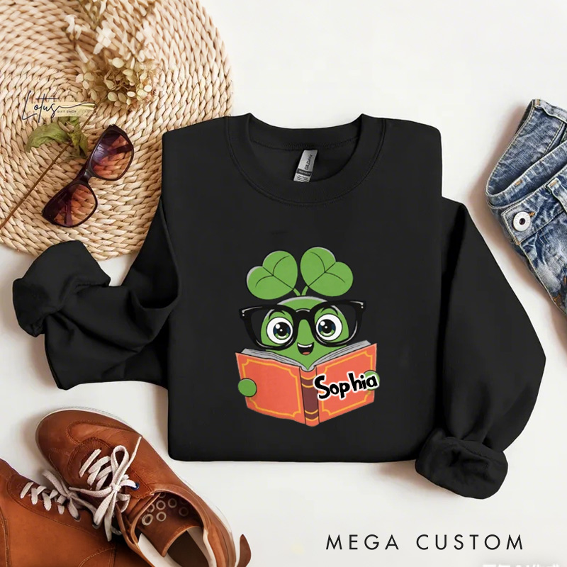 Personalized Cute Clover Book Sweatshirt St Patrick's Day Book Sweatshirt for Reading Lovers