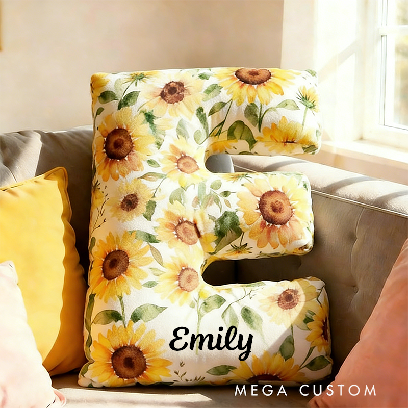 Personalized Letter Pillow Graphic 3D Print Watercolor Sunflower Floral Custom Name Pillow Gift for Kids Gardening Lovers Gift 
