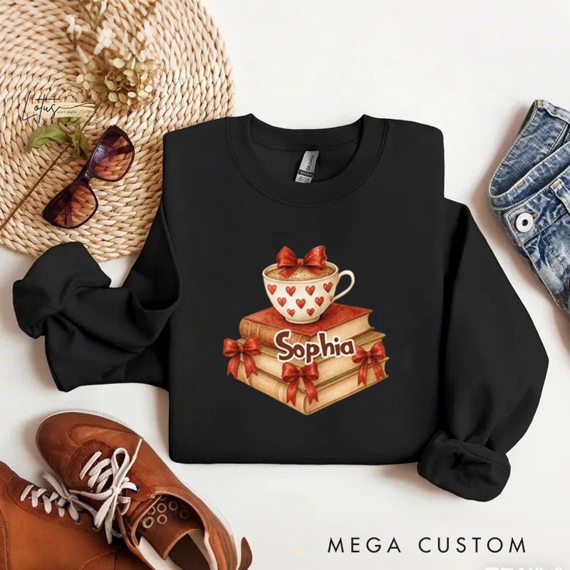 Personalized Book coffee valentine day  Sweatshirt bow book lover gift for Reading Lovers