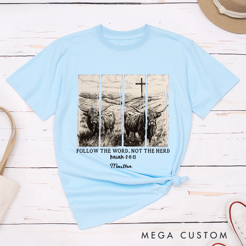 Personalized Follow the Word not the Herd Classic T-Shirt with Name Christian Bible Verse Shirt Religious Gift Faith Gift for Christians