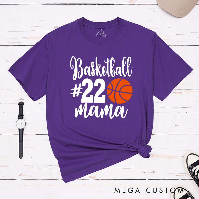 Personalized Basketball Mama T-Shirt with Custom Jersey Number Bold Basketball Graphic and Stylish Script Design for Proud Moms