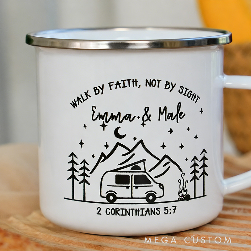 Personalized Walk by Faith Not by Sight Campfire Mountain Forest Design Enamel Mug with Custom Names Religious Gift for Couple Campfire Adventurers