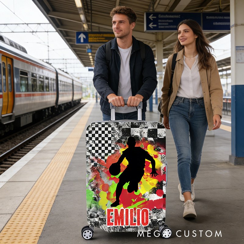 Personalized Basketball Luggage Cover with Bold Player Silhouette and Name for Basketball Enthusiasts