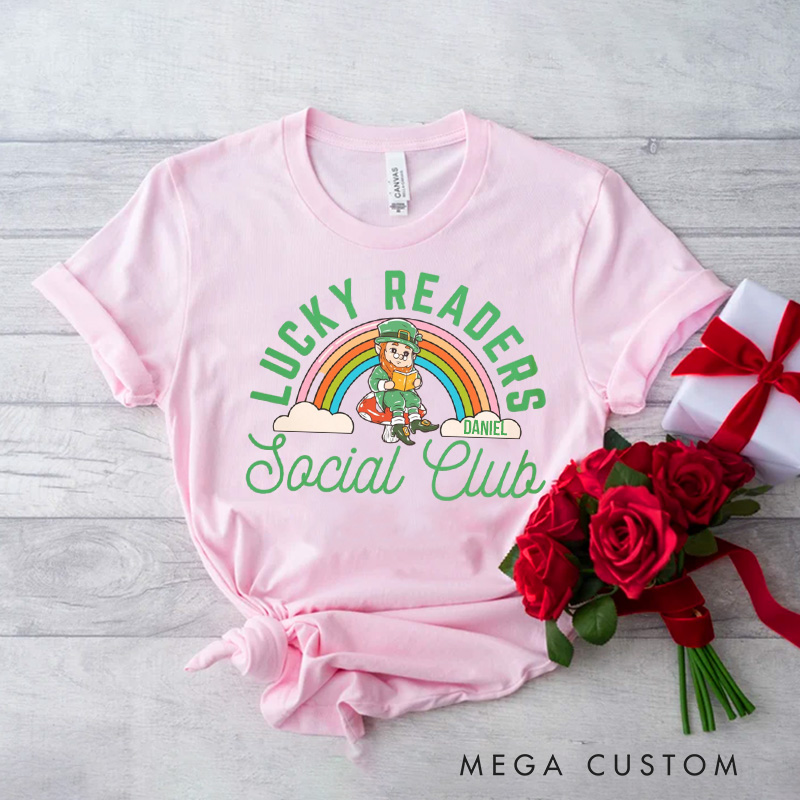Personalized Lucky Readers Social Club Classic T-Shirts Bookish Retro St Patricks Day Leprechaun Librarian Tee with Name for Book Lover Irish Friends Gift