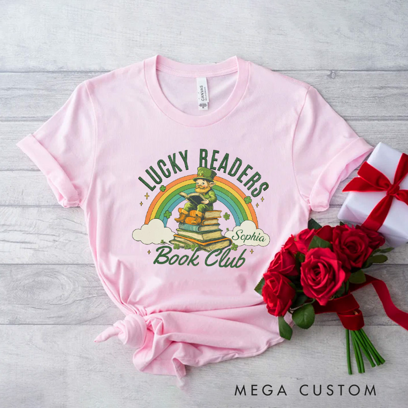 Personalized Lucky Readers Book Club Classic T-Shirts Rainbow Clover Heart Tee St Patricks Day Shirt with Name for Book Lover Librarian Irish Gift