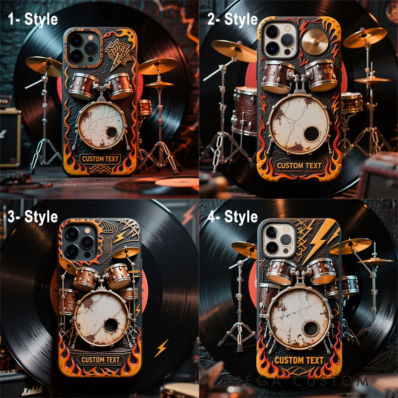 Personalized 2D Flat Drum Set Flame Theme Phone Case Music Lover iPhone Case Music Gift