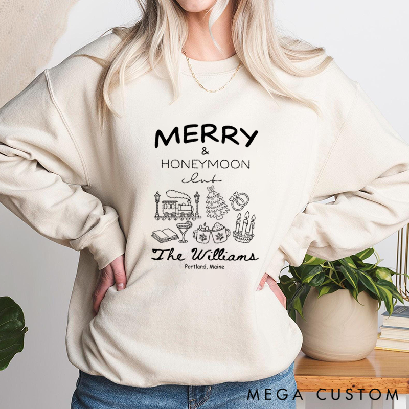 Personalized Merry and Honeymoon Club Classic T-shirts Travel Honeymoon Valentine's Day Crewneck Gift