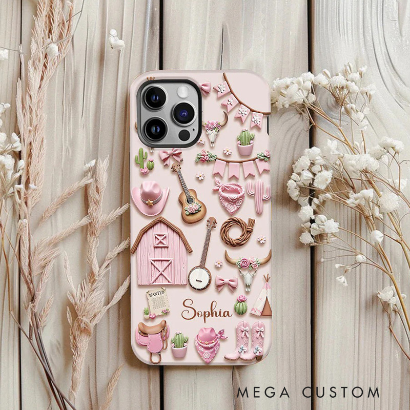 Personalized 2D Flat Pink Cowgirl Country Music Phone Case Music Lover iPhone Case Music Gift