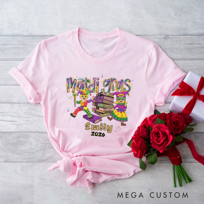 Personalized Mardi Gras Book Classic T-Shirts with Jesters and Books Carnival Bookish Shirt with Name Gift for Book Lover Bookworm Reader