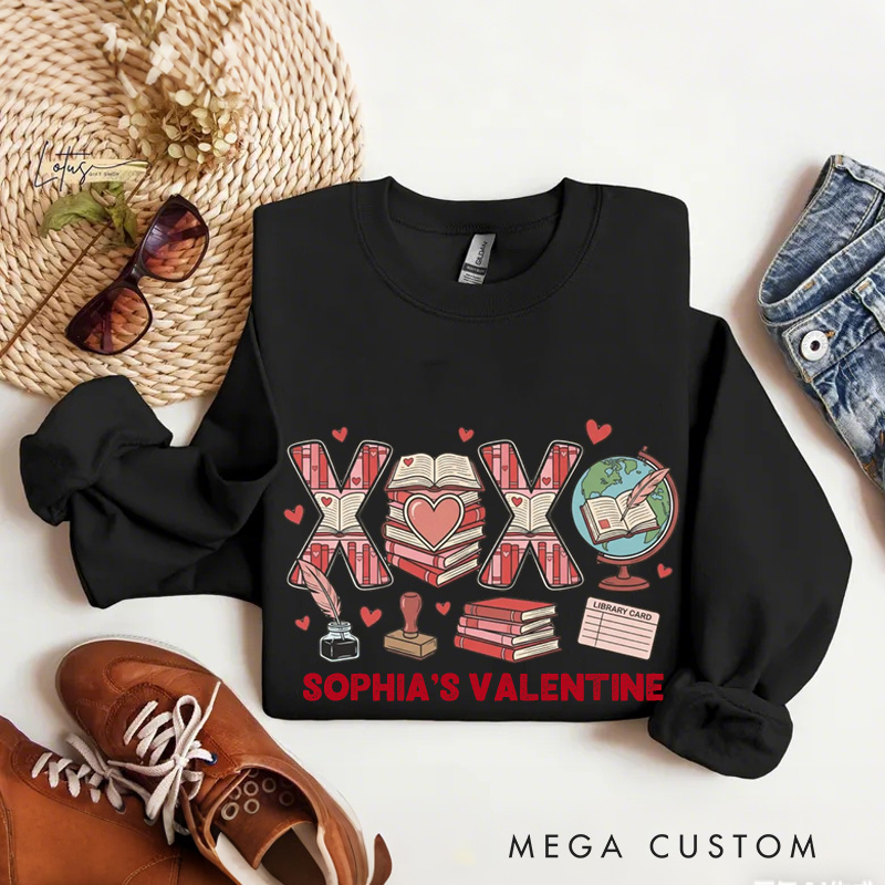 Personalized XOXO Sweatshirt Floral Book shirt with Name Valentines Day Gift for Book Lover Reader Girlfriend Wife Women