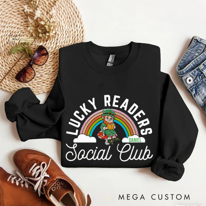 Personalized Lucky Readers Social Club Sweatshirt Rainbow Gnome Reading Sweatshirt with Name St. Patrick Day Gift for Librarian Book Lover Irish Friends