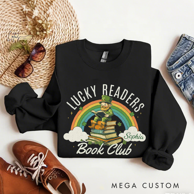 Personalized Lucky Readers Book Club Sweatshirt Rainbow Gnome Reading Sweatshirt with Name St. Patrick Day Gift for Librarian Book Lover Irish Friends
