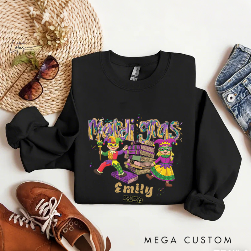 Personalized Mardi Gras Sweatshirt Jesters and Books Carnival Reading Sweatshirt with Name Gift for Book Lover Bookworm Reader