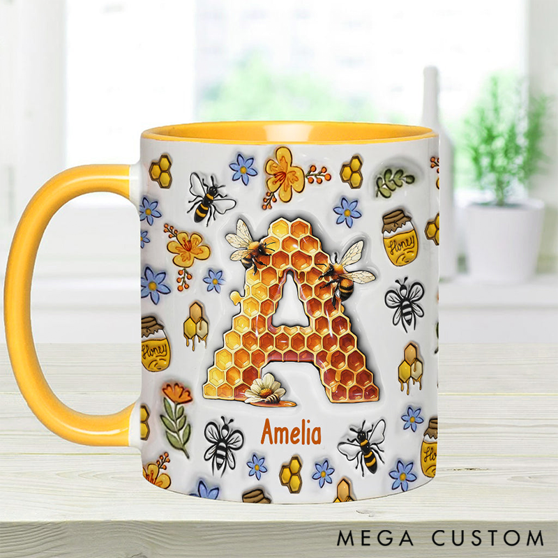 Personalized Stunning Bee Letter Mug Adorned with 3D Tool Embellishments Custom Name Engraved Mug for Avid Garden Lovers