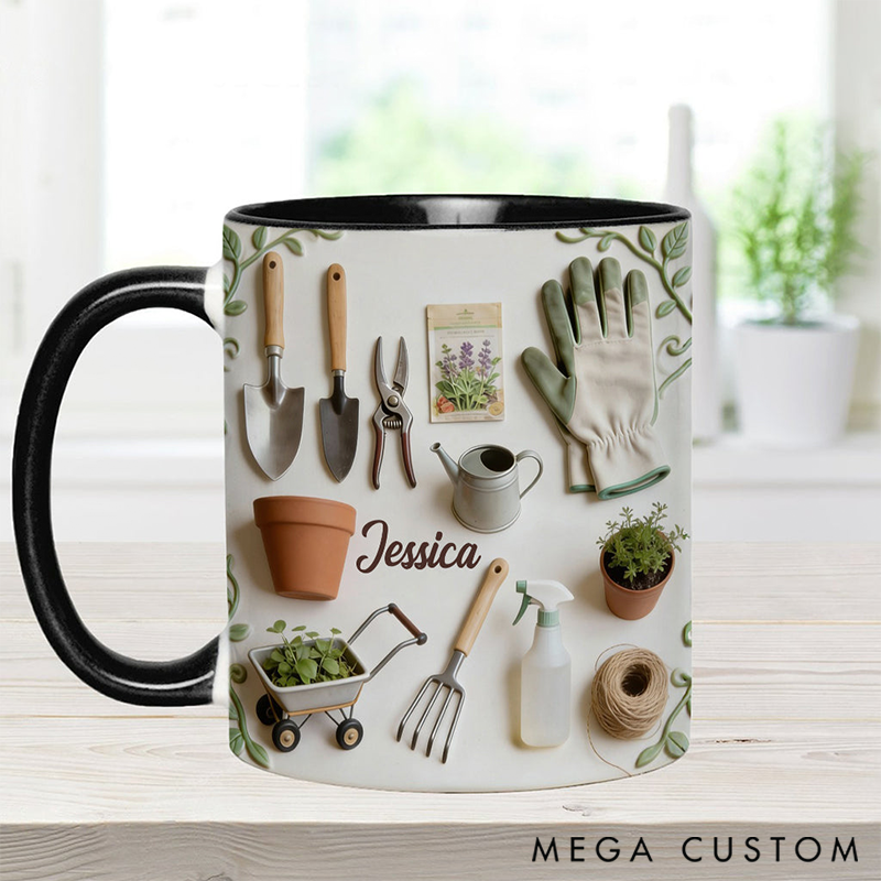 Personalized Love Gardening Mug Adorned with 3D Tool Embellishments Custom Name Engraved Mug for Avid Garden Lovers