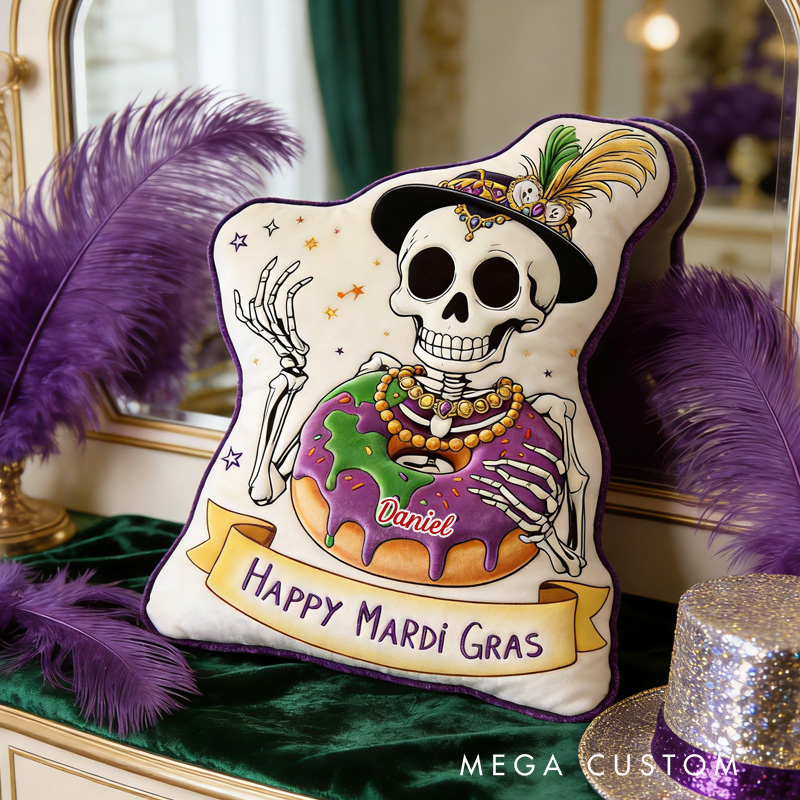 Personalized Mardi Gras King Cake Throw Pillow Graphic 3D Print Skeleton Cake Pillow with Name Mardi Gras Gift for Girl Boy Kids Pillow Baking Lover Gifts
