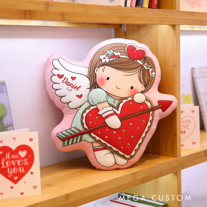 Personalized Cute Cookie Girl Throw Pillow Graphic 3D Print Girl with Red Heart Pillow with Name Valentine's Day Gift for Girl Boy Kids Pillow Baking Lover Gifts