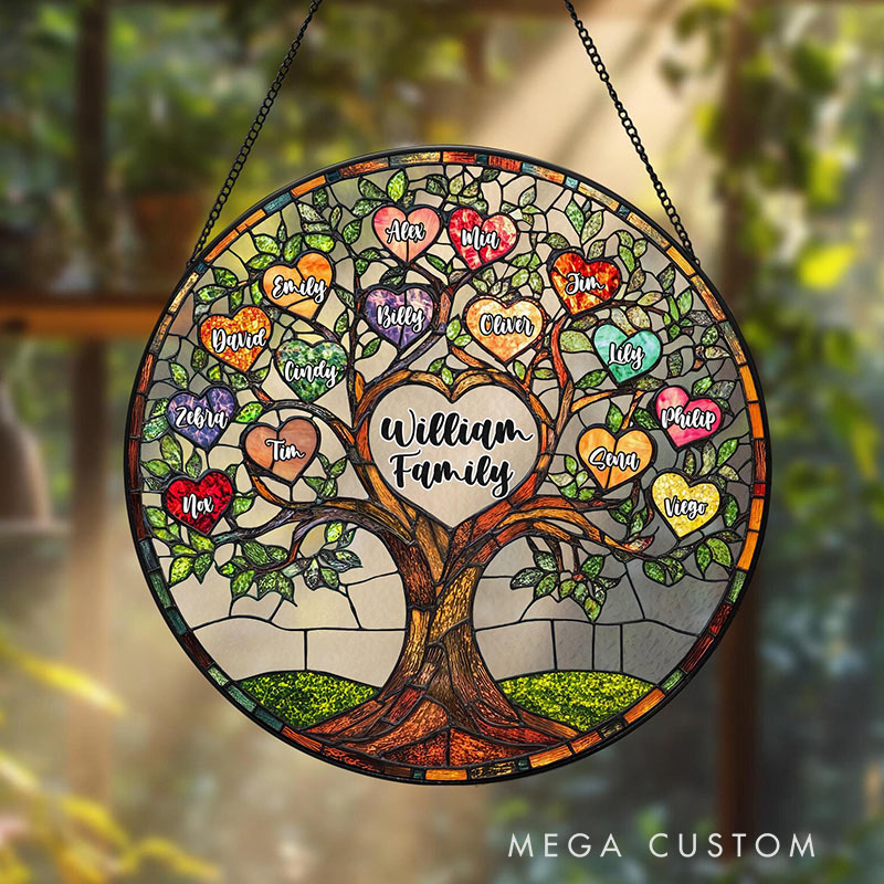 Personalized Family Tree Faux Stained Glass Suncatcher Custom Window Decor Gift for Family