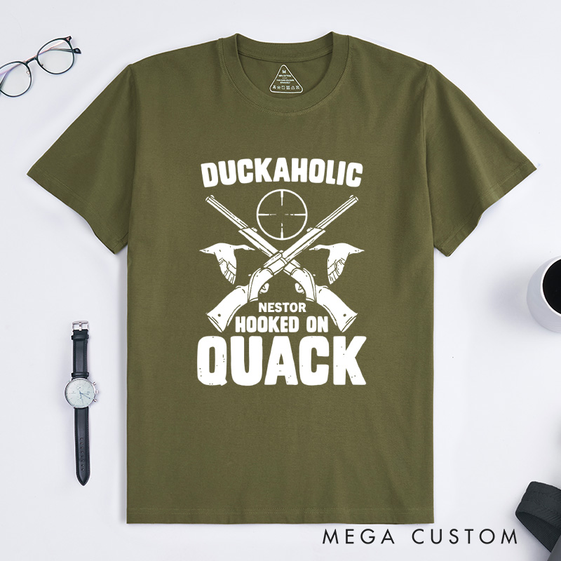 Personalized Duckaholic Hunting Humor T-Shirt Duckaholic Hooked on Quack Funny Duck Hunting T-Shirt for Outdoor Hunting Lover