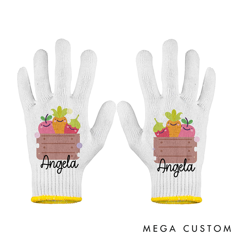 Personalized Name Gardening Gloves with Cute Vegetable & Fruit Crate Embroidery: Adorable, Functional Work Gear for Garden Lovers