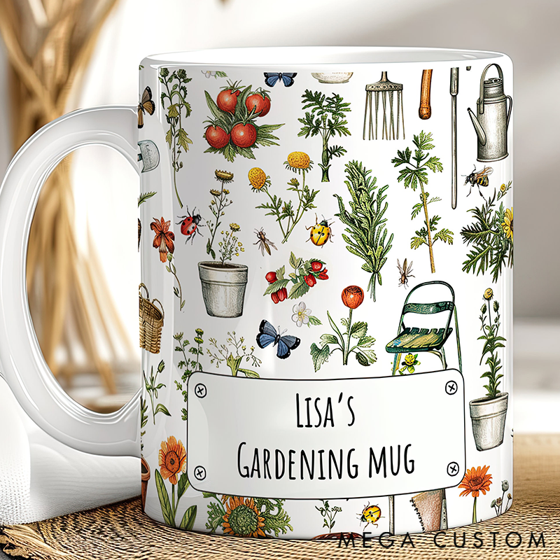 Personalized Gardening Mug Adorned with Botanical Tool & Insect Prints Charming Functional Drinkware for Green-Thumb Enthusiasts