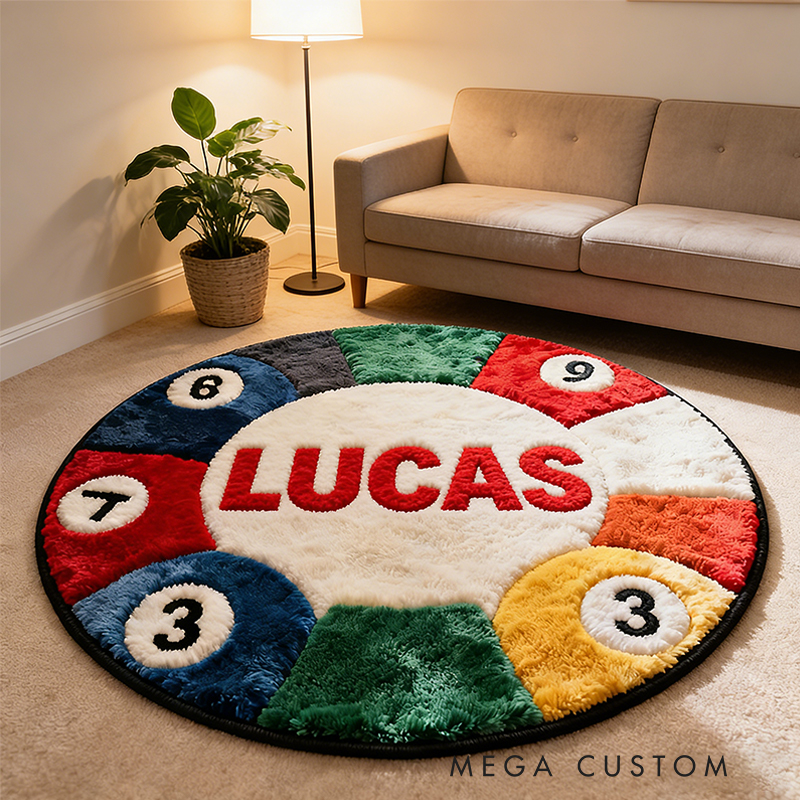 Personalized Pool Ball Rug with Custom Name and Vibrant Colors for Billiard Fans