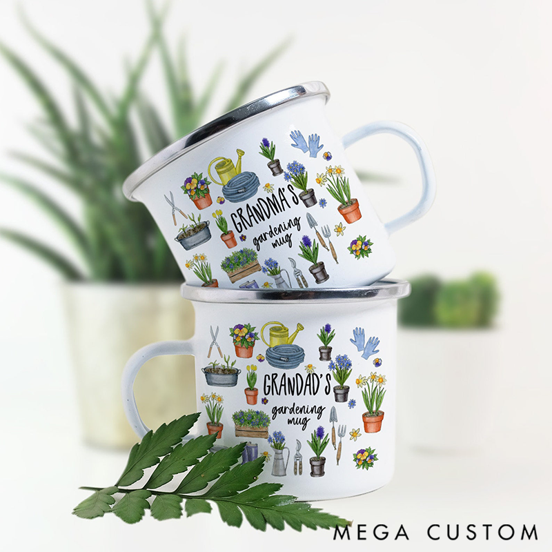 Personalised Enamel Gardening Mug Garden Gift for Him And Her Couple Present with Floral & Tool Designs to Celebrate Her Green-Thumb Passion