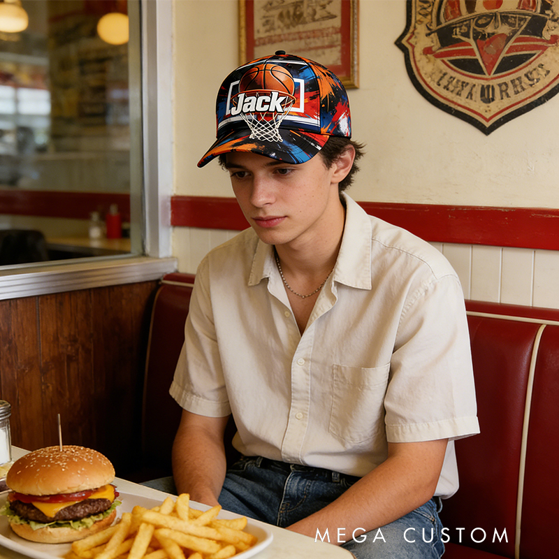 Personalized Basketball Hat with Custom Name and Dynamic Hoop Design for Basketball Enthusiasts