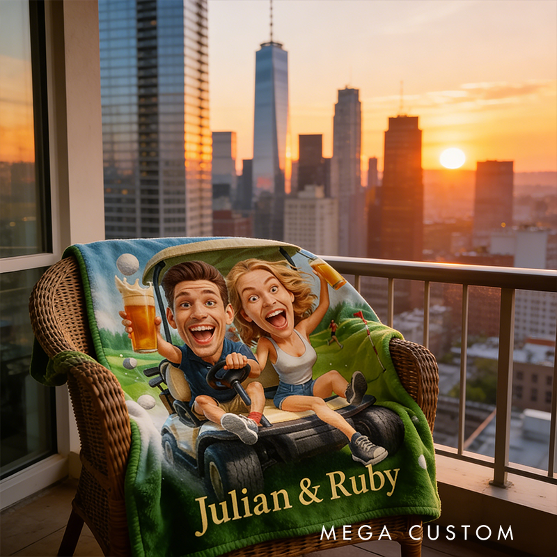 Personalized Golf Cart Blanket with Custom Couple Caricature and Names