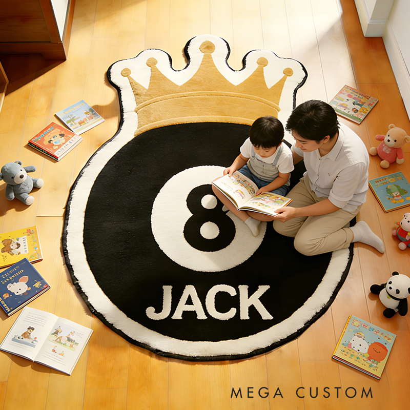 Personalized Billiards Rug with 8-Ball and Regal Crown Design and Custom Name for Pool Enthusiasts