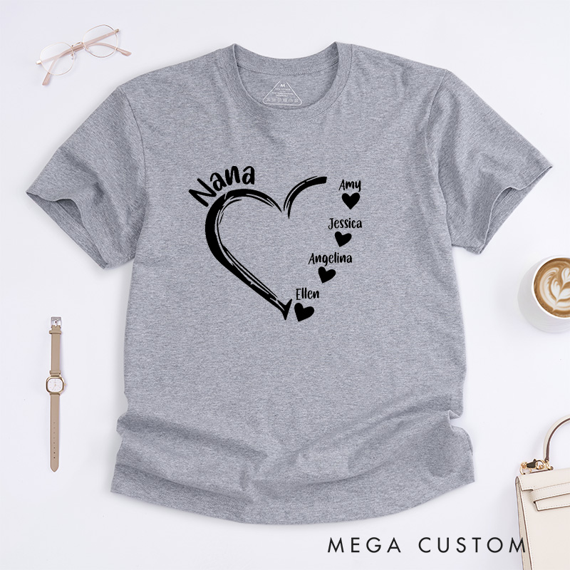 Personalized Nana T-Shirt Custom Heart Design Gift for Grandmother Mother's Day Birthday Comfortable Cotton Shirt for Women Unique Grandma