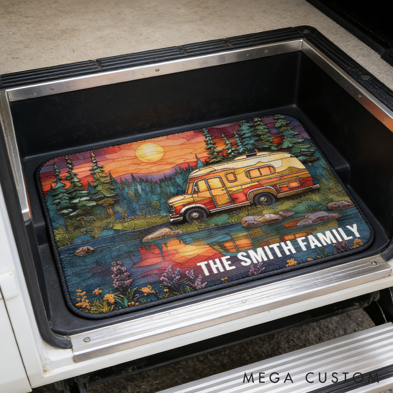 Personalized Family Camper Rug Custom Rustic Moonlit Forest Camper Rug Outdoors Camping Rug Family Gift for Adventure