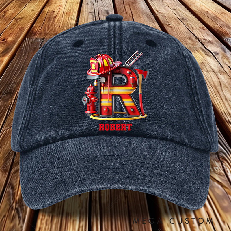 Personalized Firefighter Gifts Custom Name and Initial Alphabet Cap Firefighter Washed Denim Hat Fireman Letter Baseball Cap