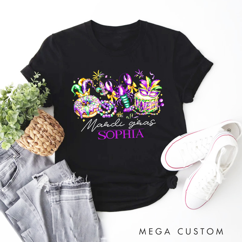 Personalized Retro Mardi Gras Classic T-shirts Mardi Gras Donut Shirt with Name Louisiana Tee Gift for Women Her Baking Lover