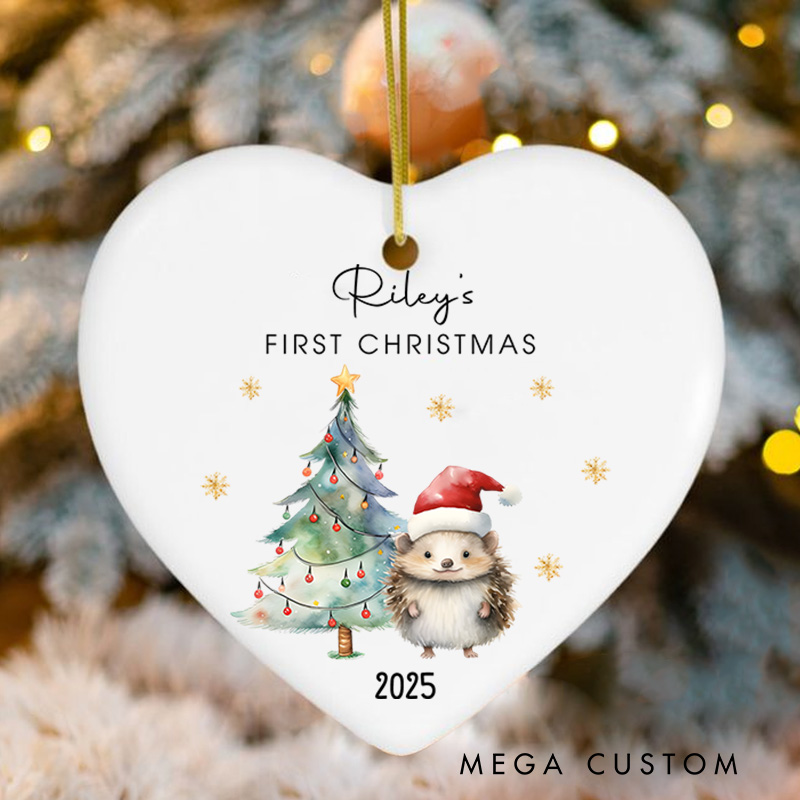 Personalized Hedgehog First Christmas Ornament Highlighting Festive Holiday Scene Christmas Ornament