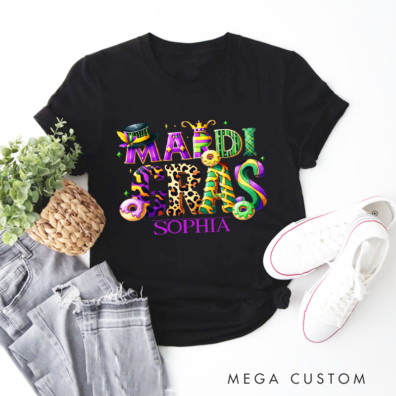 Personalized Mardi Gras Donut Classic T-shirts King Cake Shirt with Name Louisiana Tee Carnival Coquette Tee Gift for Women Her Baking Lover